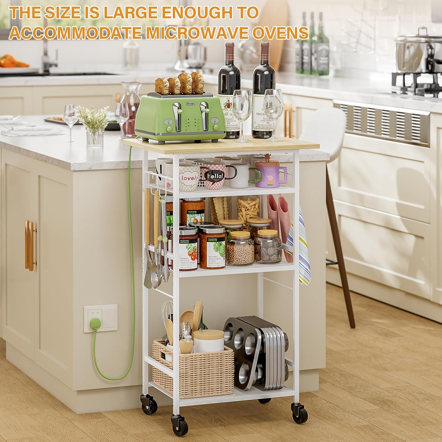 Rolling Kitchen Microwave Cart, 4 Tier Microwave Table Stand with Storage, Kitchen Storage Rack on Wheels, Coffee Station Cart Rack Shelf Organizer for Living Room Office, Balcony