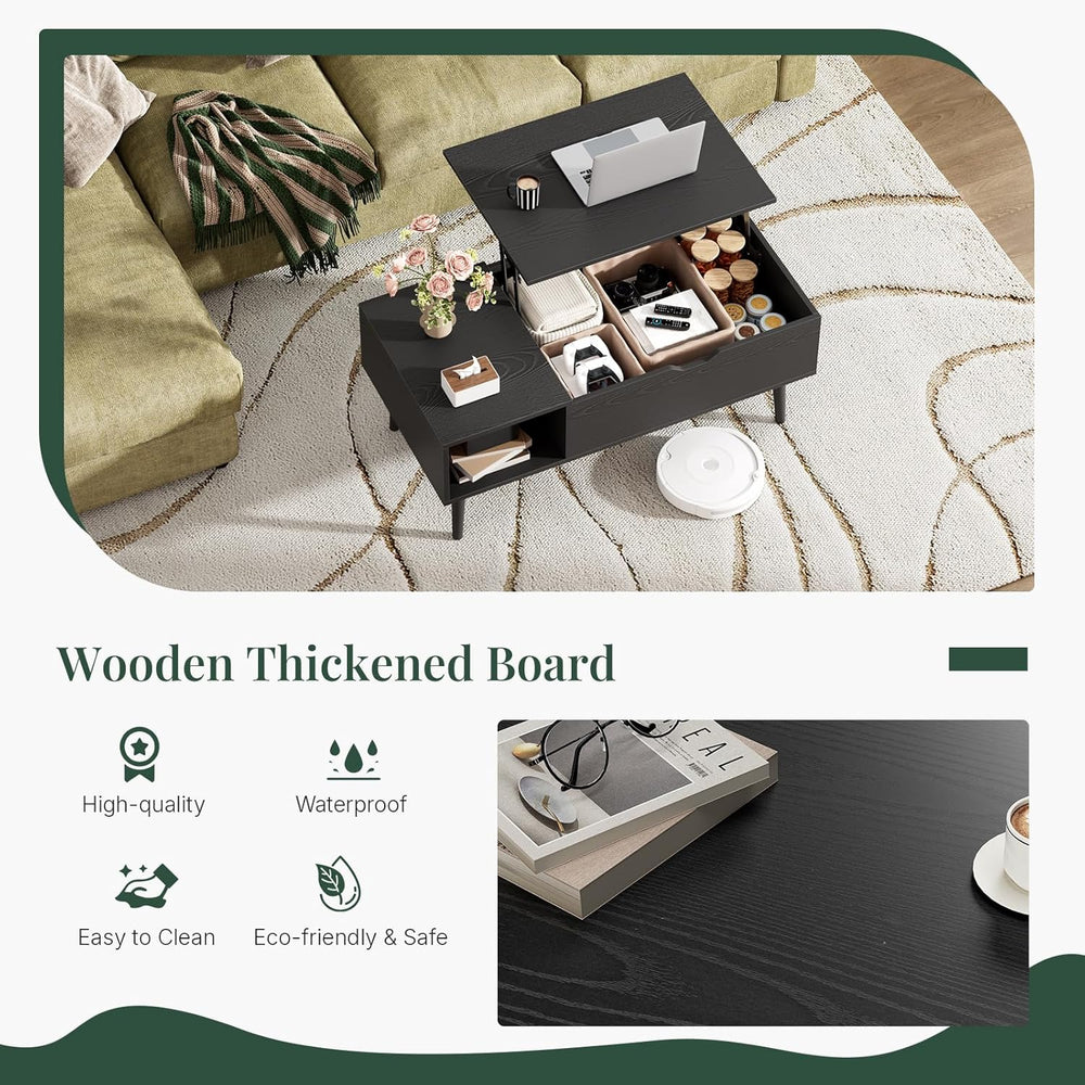 Wood Lift Top Coffee Table with Hidden Storage Compartment & Open Shelf, ...