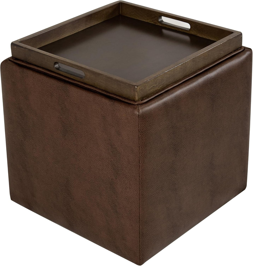 HomePop 17.5" Storage Ottoman with Tray Top - Brown Faux Leather