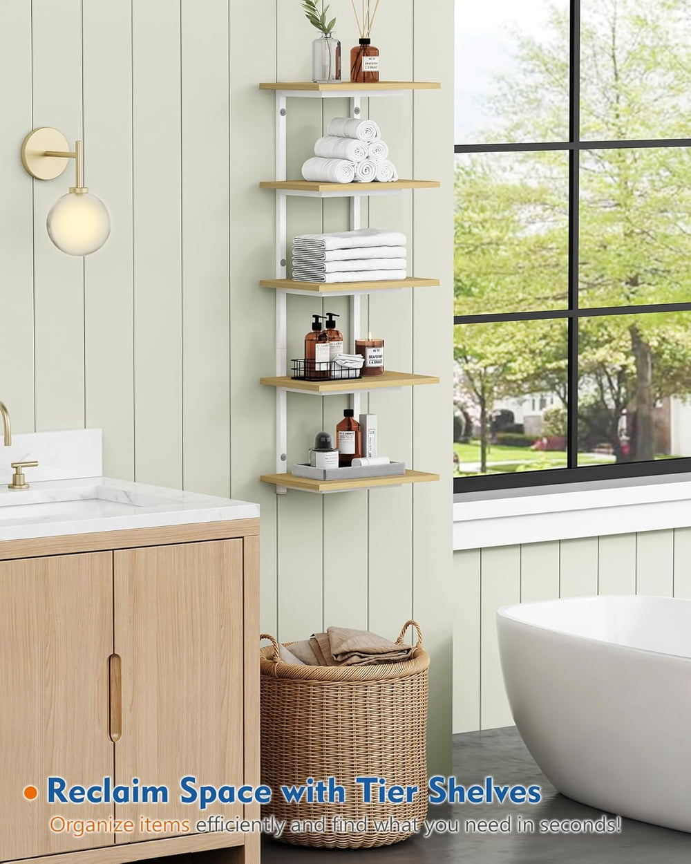 Harwaya White and Natural Tiered Wall Shelf Unit, 5 Tier Display Floating She...