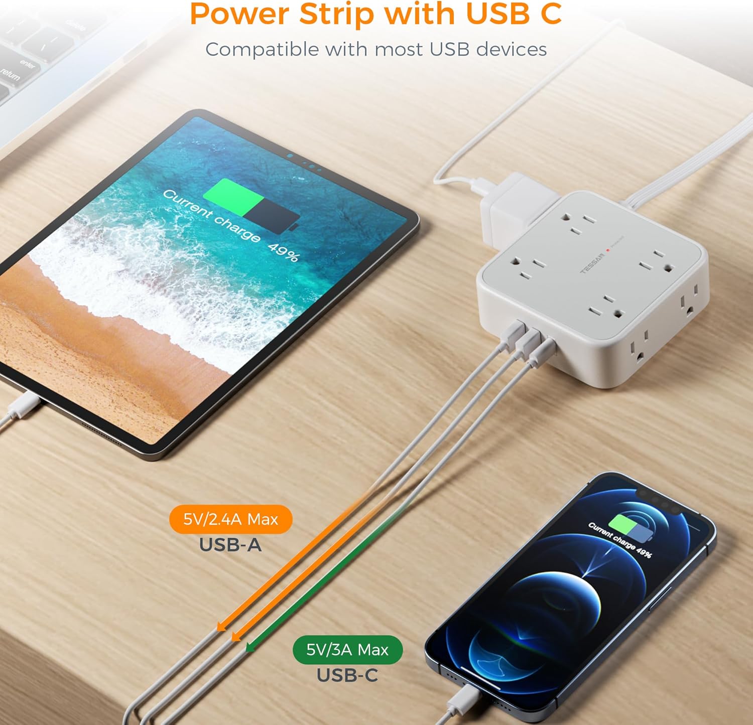 Flat Plug Long Extension Cord 25 Ft, TESSAN Power Strip Surge Protector with 8 Outlets 3 USB Ports (1 USB C), 900J Protection Desktop Charging Station for Home, Office, Dorm Room Essentials