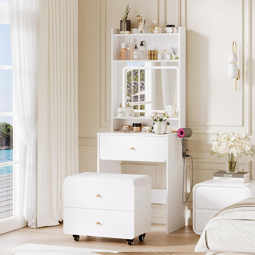 Fameill Women White Vanity Desk,23.6” Small Vanity Desk with Mirror and Light...