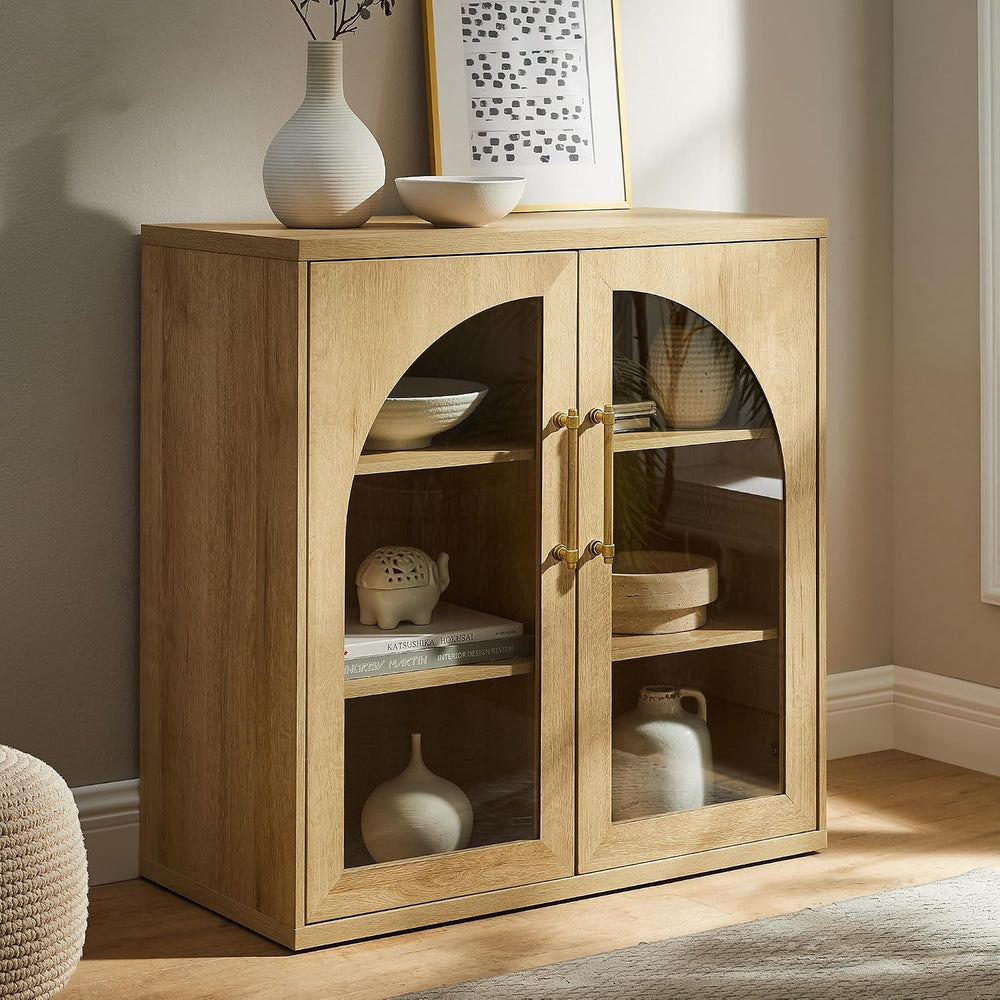 ACCOHOHO Glass Arched Door Sideboard Buffet Cabinet Set of 2, Natural Oak