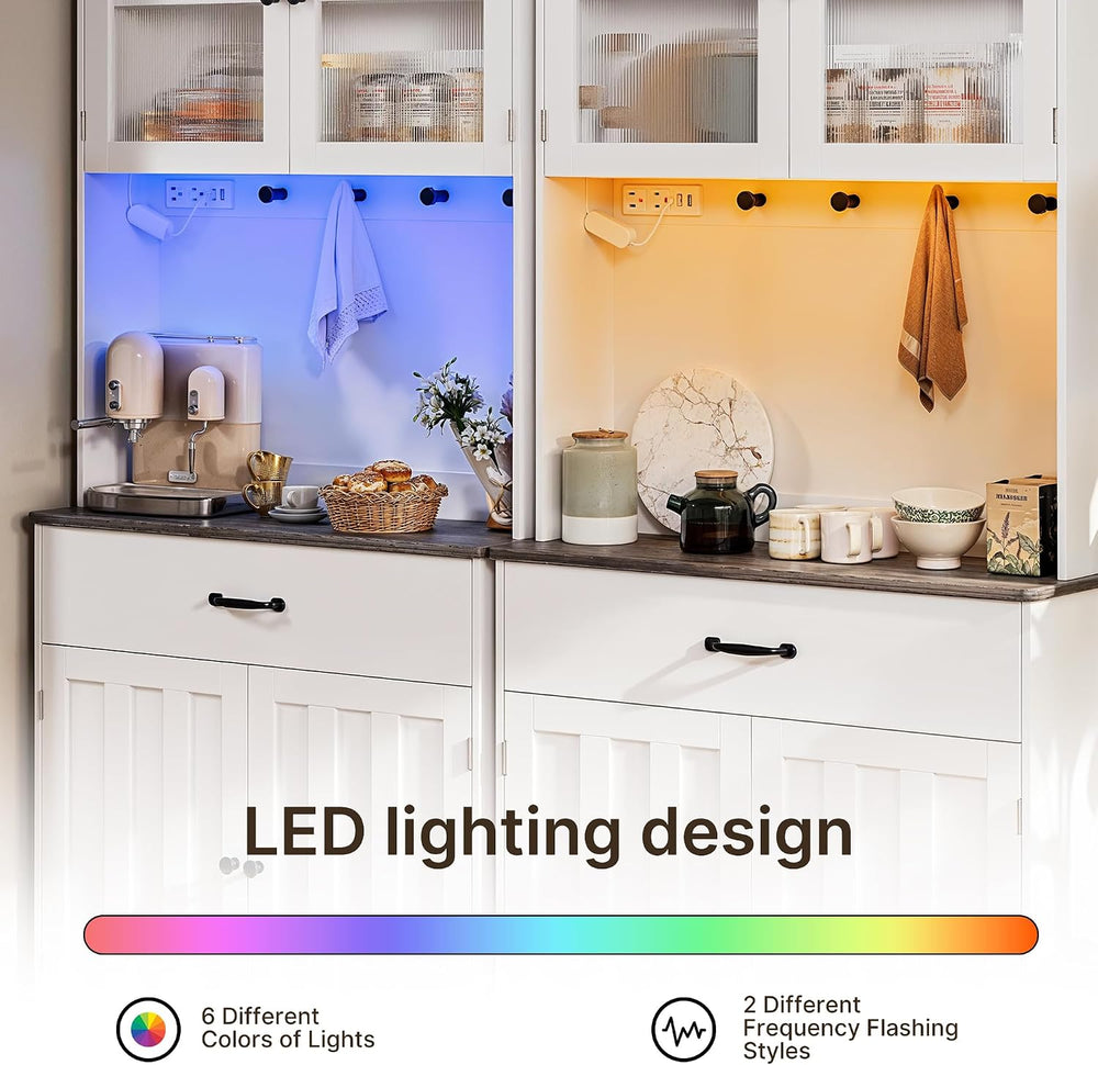 Gizoon 71" H Pantry Cabinet with Strip Light, Drawers | Coffee Bar with ...