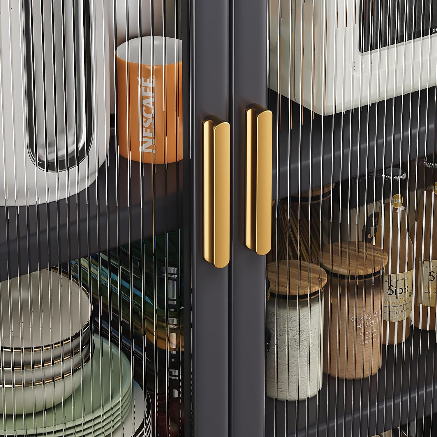 6 Tier 63" Kitchen Appliance Storage,Appliance Cabinet,Bakers Rack with Doors with Transparent Flap Door Design Kitchen Storage Shelves,Microwave Stand for Dining Room Black