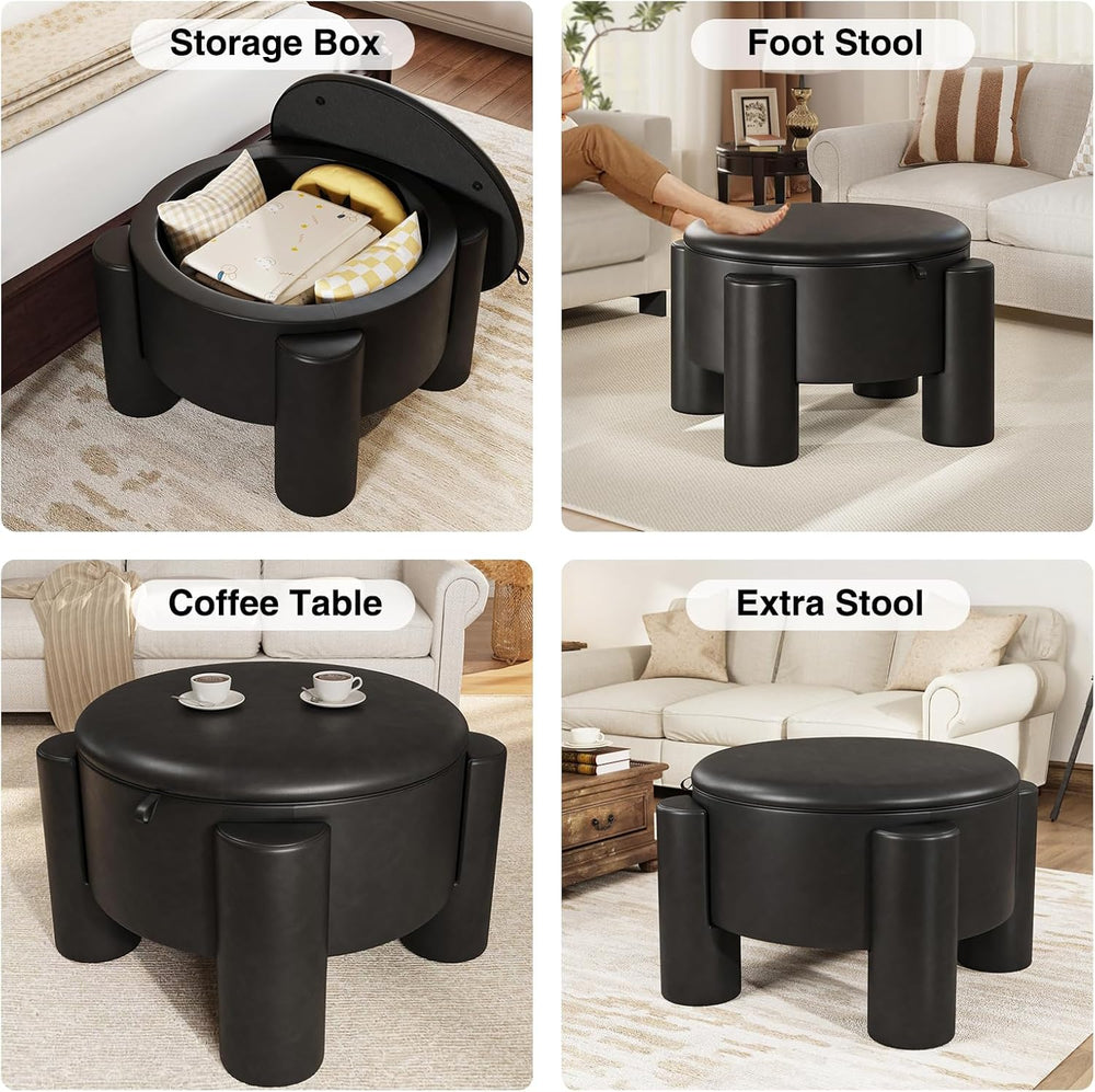 FiveWillowise Round Ottoman Coffee Table with Storage,24" Faux Leather S...