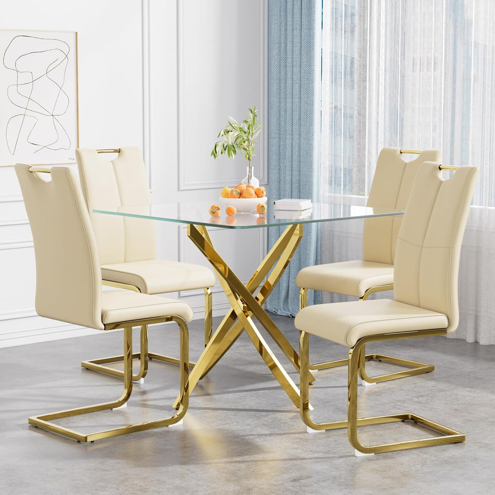 36 Inch Dining Table Set for 4, Modern Square Tempered Glass Top, Gold Finish...