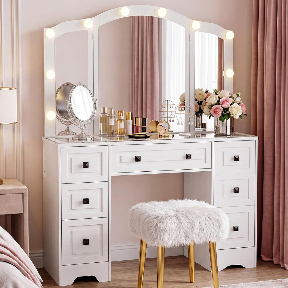 senlin Vintage Vanity with Lighted Mirror & Outlet (White) | Retro dressi...