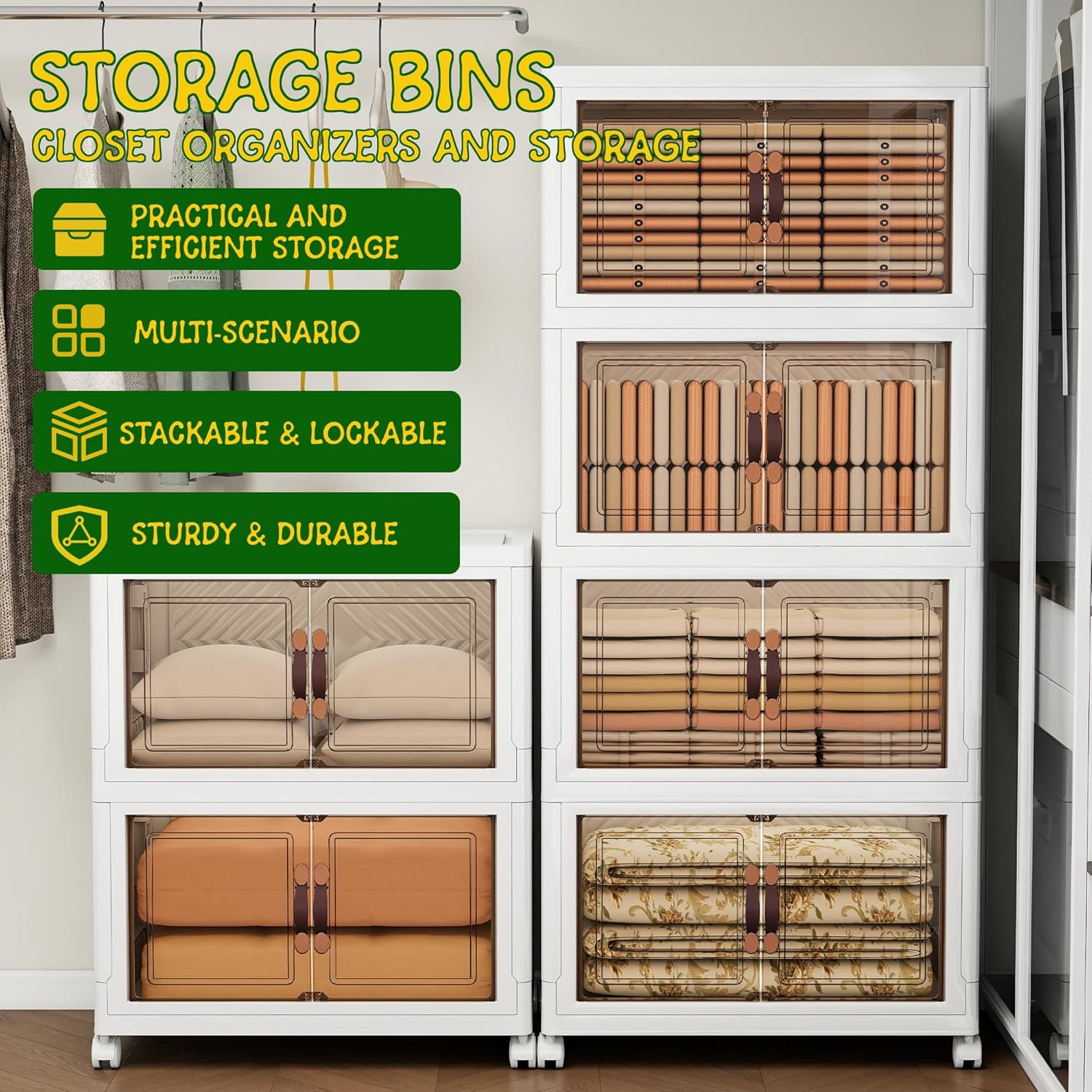 Storage Bins with Lids and Wheels, Collapsible Bathroom Storage Cabinet with Clear Doors, Plastic Stackable Closet Organizers and Storage Containers White 314 QT