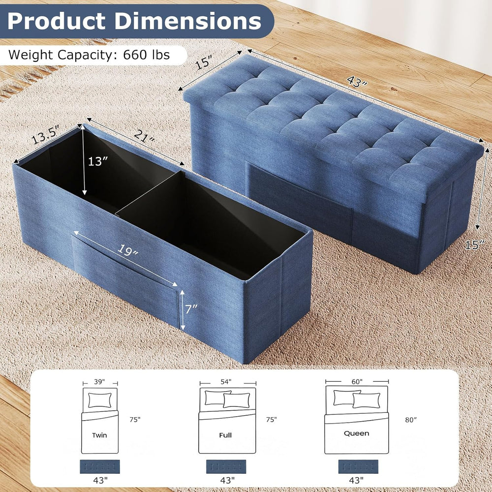 GOFLAME 43 Inches Folding Storage Ottoman Bench, Linen Fabric End of Bed Benc...