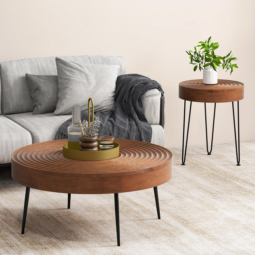 Giantex Boho Round Coffee Table Set of 2, Sofa Side Nesting Table with Solid ...