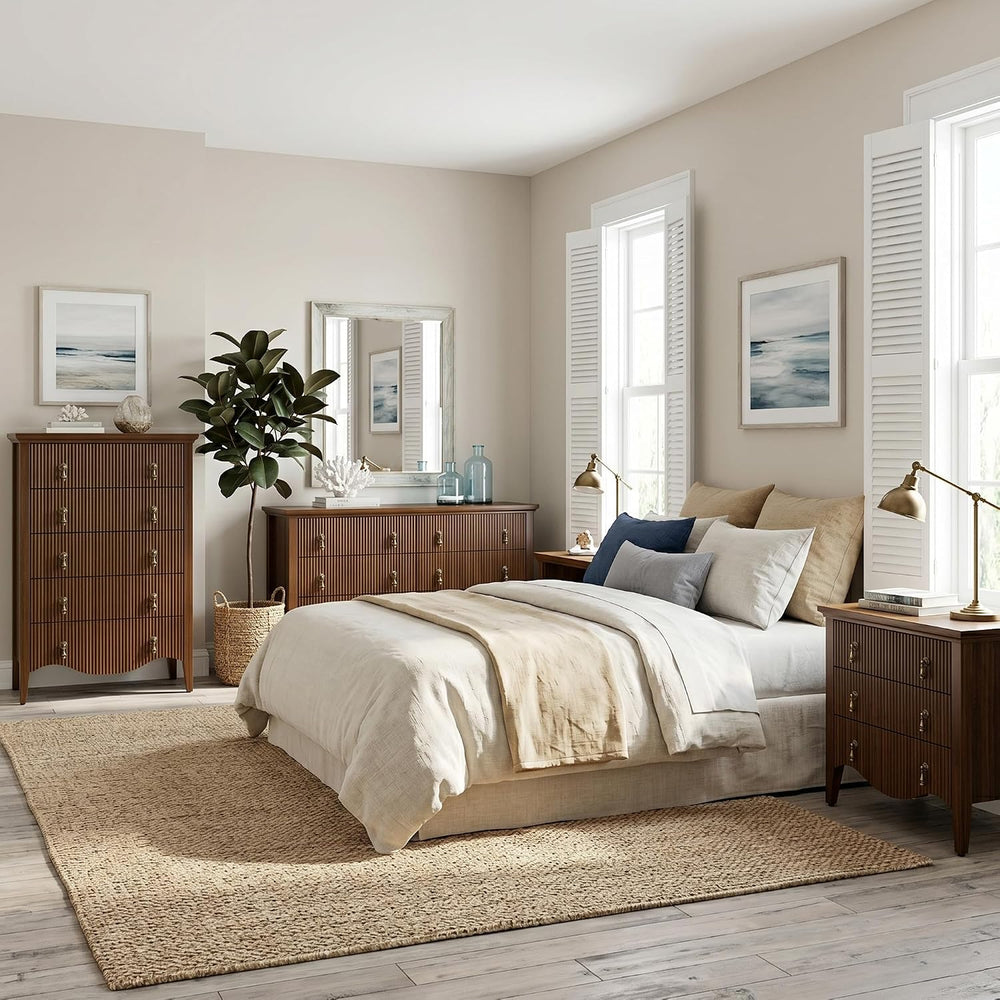 4-Piece Farmhouse Bedroom Set,6+5-Drawer Dresser,2 Nightstands,Walnut