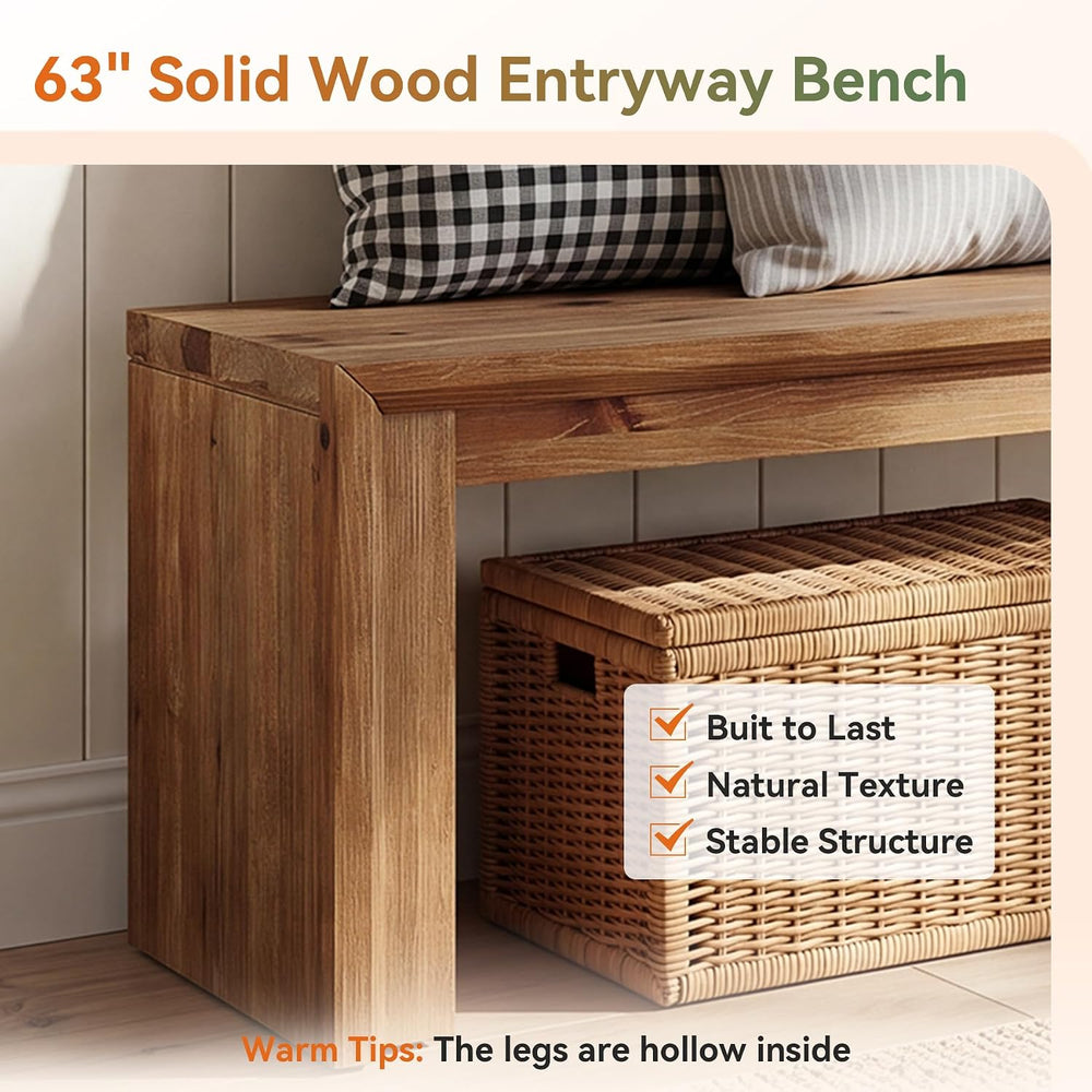 63-Inch Solid Wood Dining Bench, Farmhouse Long Bench for Dining Table, Woode...