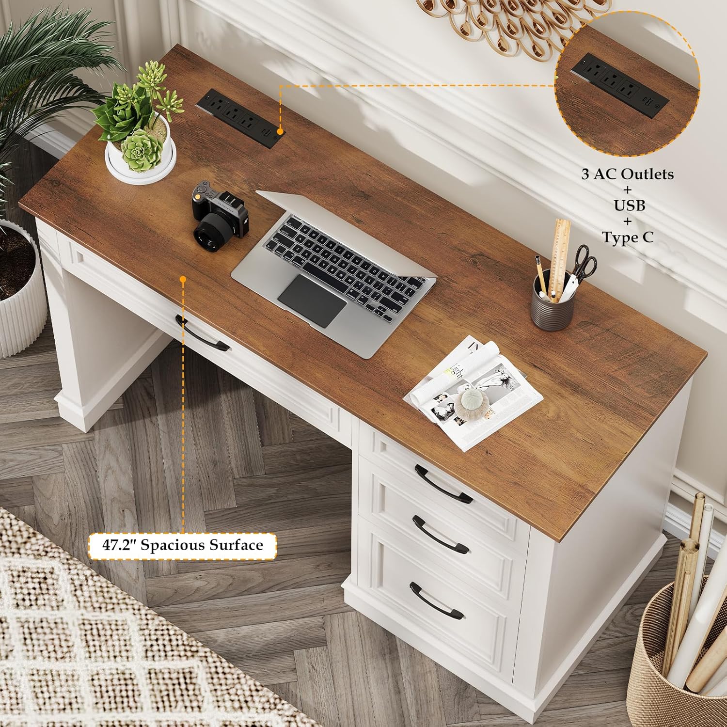 Halitaa Farmhouse 47" Executive Desk, Computer Desk with Drawers and File Drawer, Workstation Computer Desk with Charging Station for Home Office,Study.Unique White