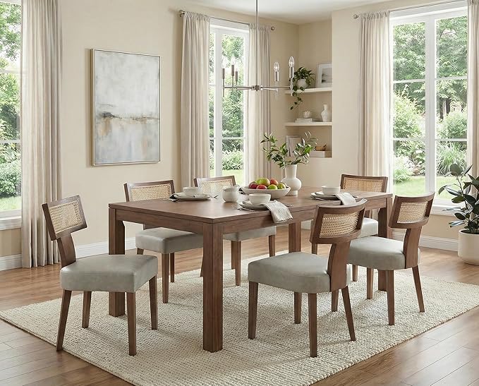 Upholstered Dining Chairs Set of 6 with Rattan Back, Modern Wooden Kitchen Chairs PU Leather Side Dining Room Chair Farmhouse Dinner Chair, Grey