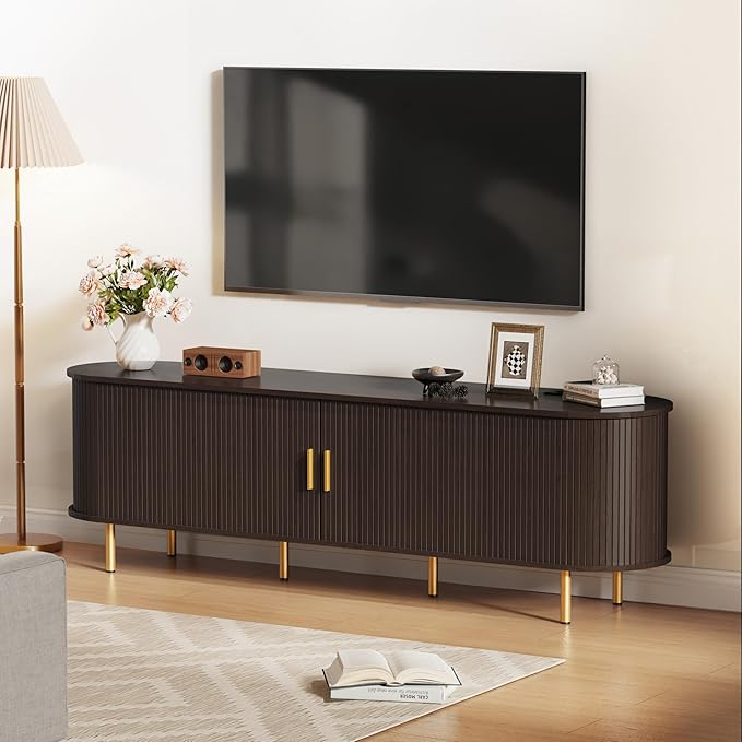 DHH 70.8 Inch Mid Century Modern TV Stand with Power Outlet for TVs up to 80 Inch, Entertainment Center with Storage and Adjustable Shelves, Media Console with Sliding Doors for Living Room(Brown)