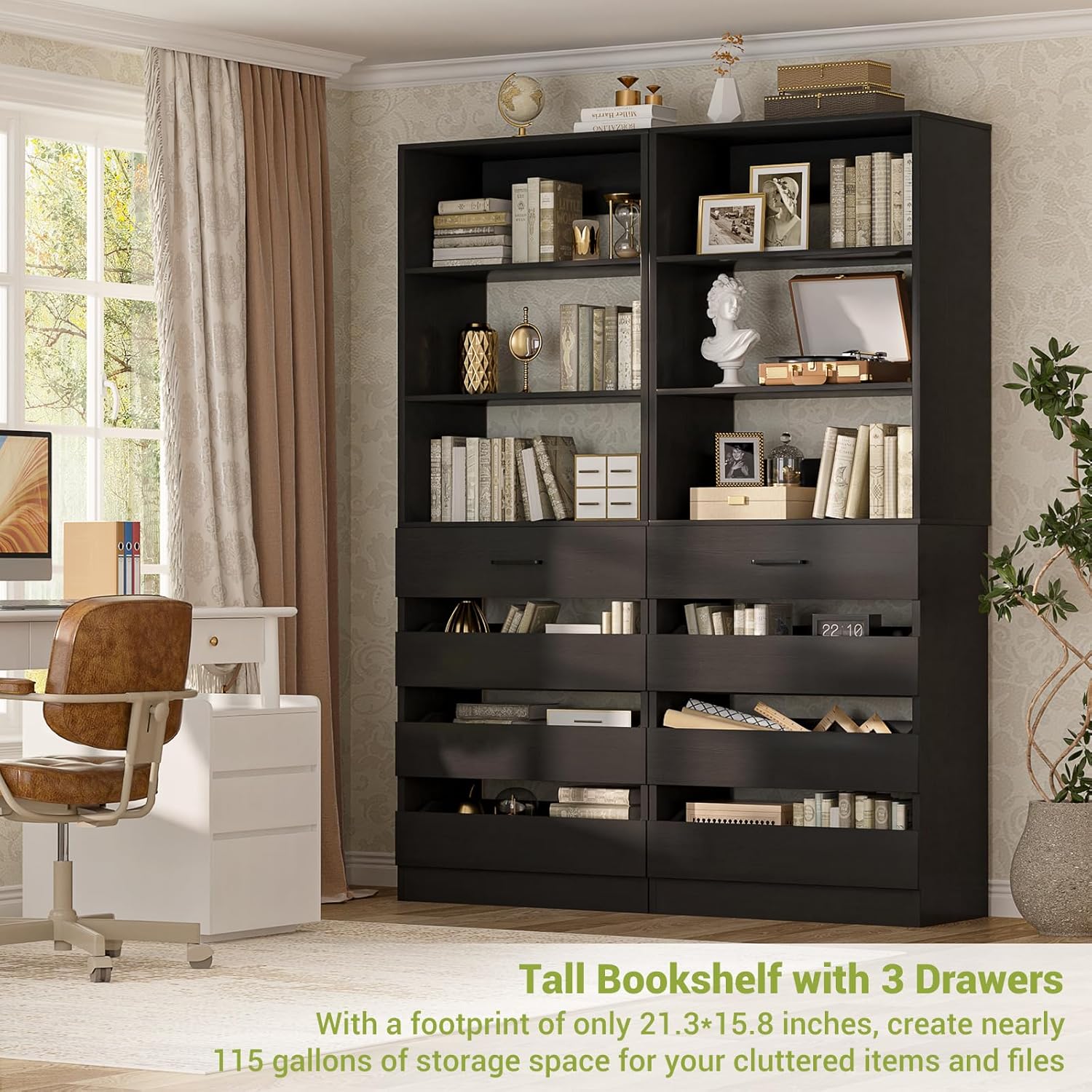 Aheaplus 21.3" Closet System with 4 Drawers, Wood Closet Organizer with Open Shelves, Modular Drawers System Tower, Walk-in Small Wardrobe Rack, Tall Storage Cabinet Unit, Black