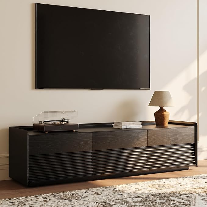POVISON Fully-Assembled Mid Century Modern TV Stand, 70.87" Entertainment Center with LED Light, Black Walnut Solid Wood TV Console for Living Room, TV Stand with Storage