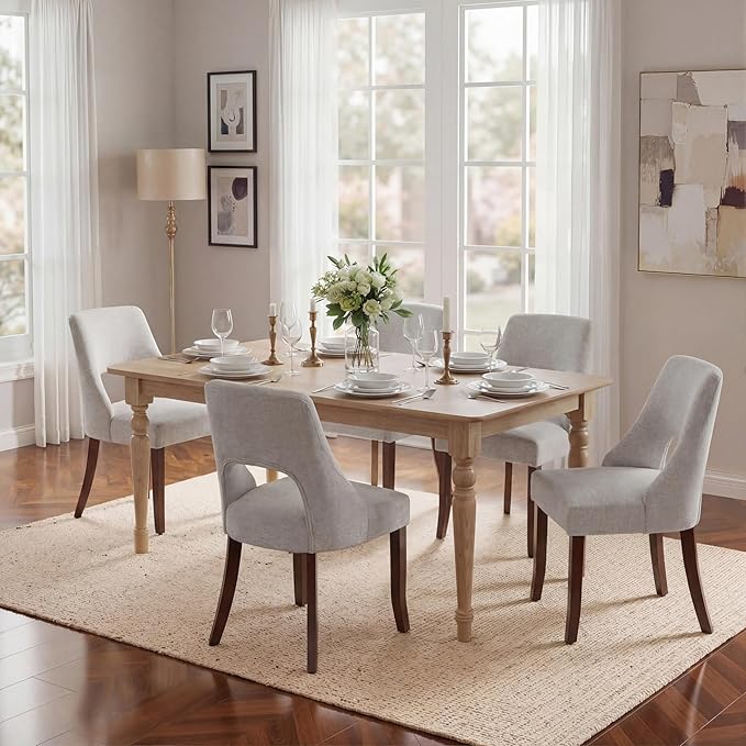UVV Wooden Dining Chairs Set of 4, Mid Century Modern Upholstered Dining Room Chair Kitchen Chairs, Chenille Dinner Chair with Solid Wood Legs for Kitchen Dining Room, Light Grey