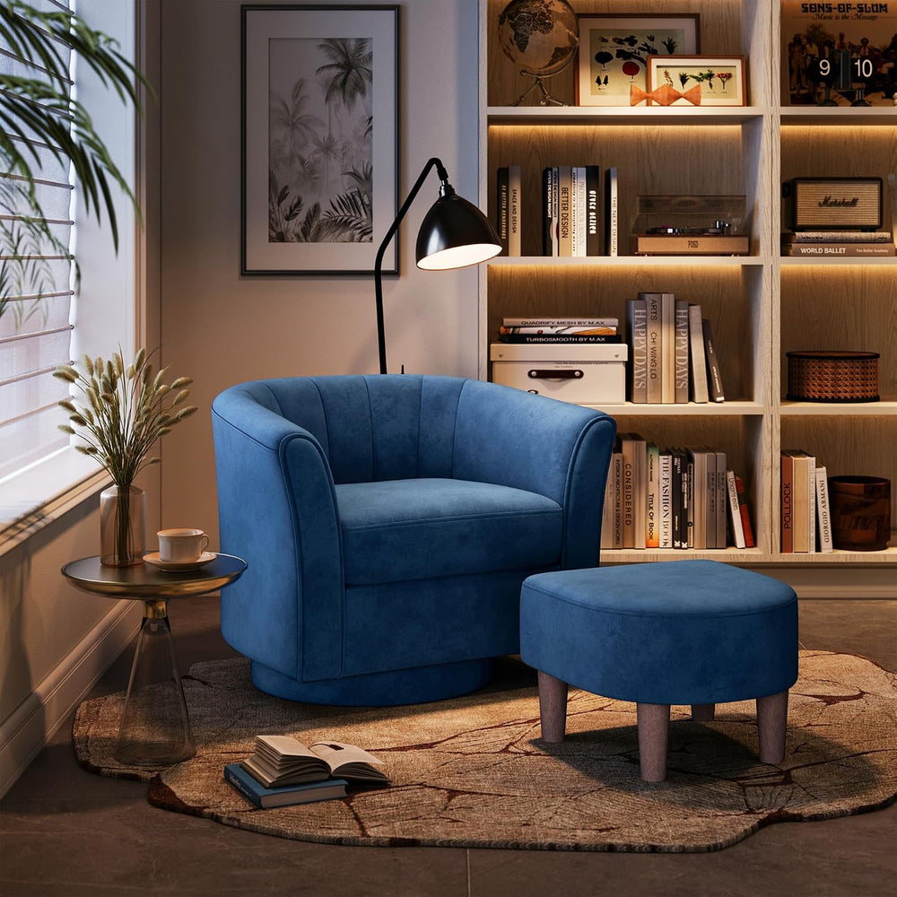 LINSY Large Swivel Accent Chair with Ottoman, Velvet Barrel Chair with Footre...