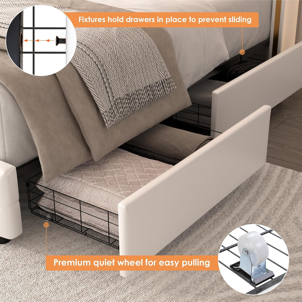 Upholstered Queen Size Bed Frame with LED Light & Storage, White PU Leather