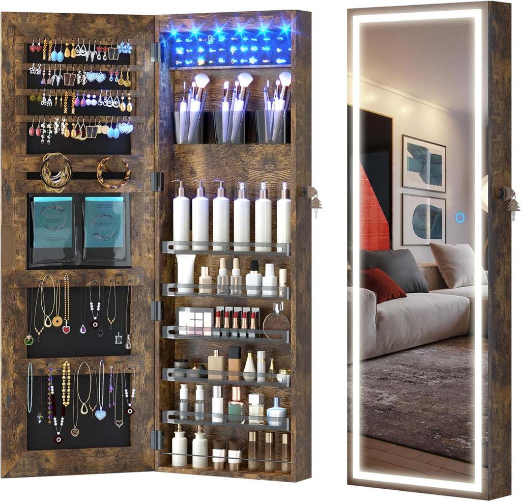 LVSOMT LED Mirror Jewelry Cabinet, Wall/Door Mount Jewelry Armoire Organizer with Lights, Full Length Mirror with Jewelry Storage, Over the Door Hanging Cabinet (Rustic Brown)