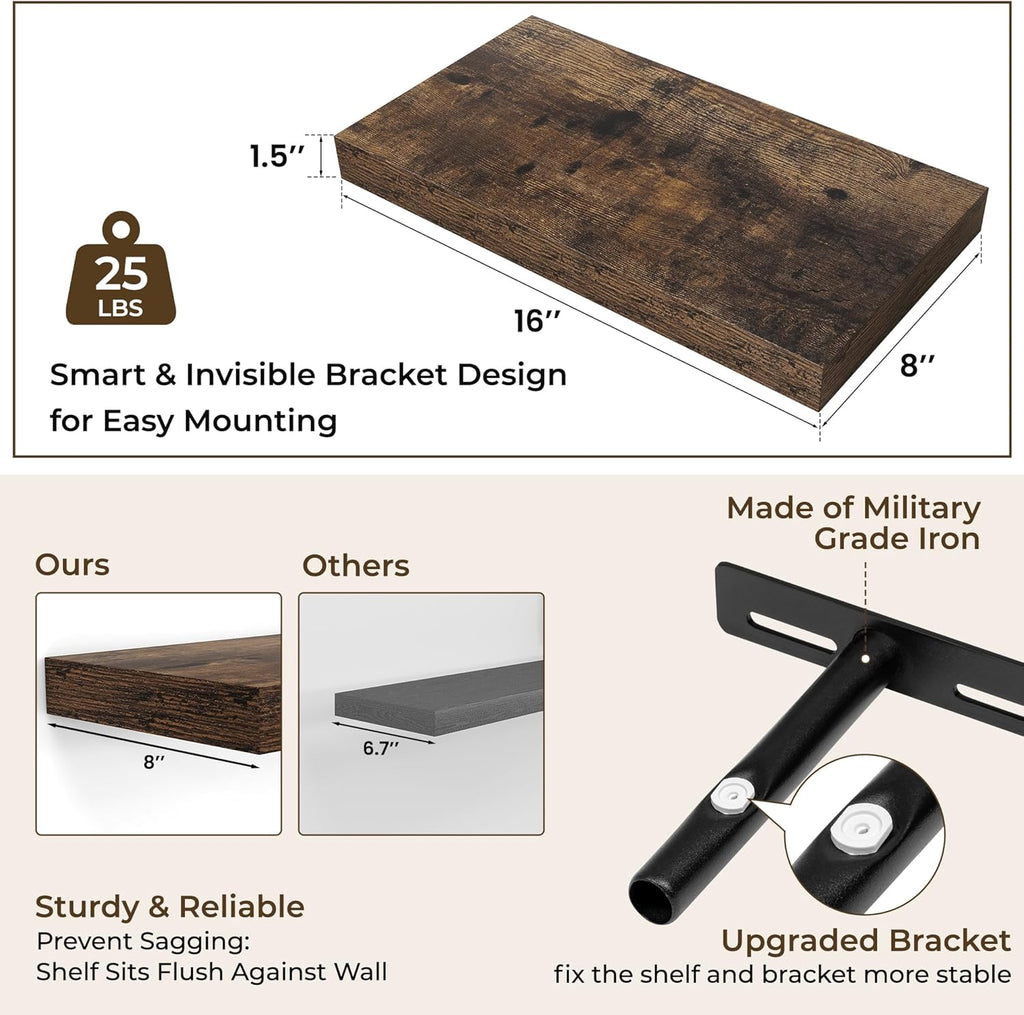 RICHFOCUS 16Inch Floating Shelves for Wall 2 Pack Shelves for Bedroom|Kitchen|Bathroom Wall Mounted Rustic Wood Floating Shelf with Invisible Brackets for Books|Storage|Decor, Rustic Brown
