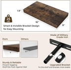 RICHFOCUS 16Inch Floating Shelves for Wall 2 Pack Shelves for Bedroom|Kitchen|Bathroom Wall Mounted Rustic Wood Floating Shelf with Invisible Brackets for Books|Storage|Decor, Rustic Brown