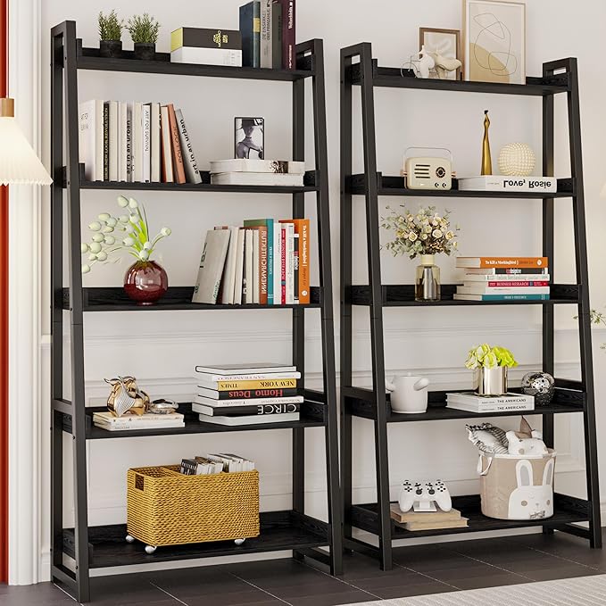 IRONCK Industrial Bookshelf 5-Tier 31.5 in Wide, Bookcase Ladder Shelf, Stora...