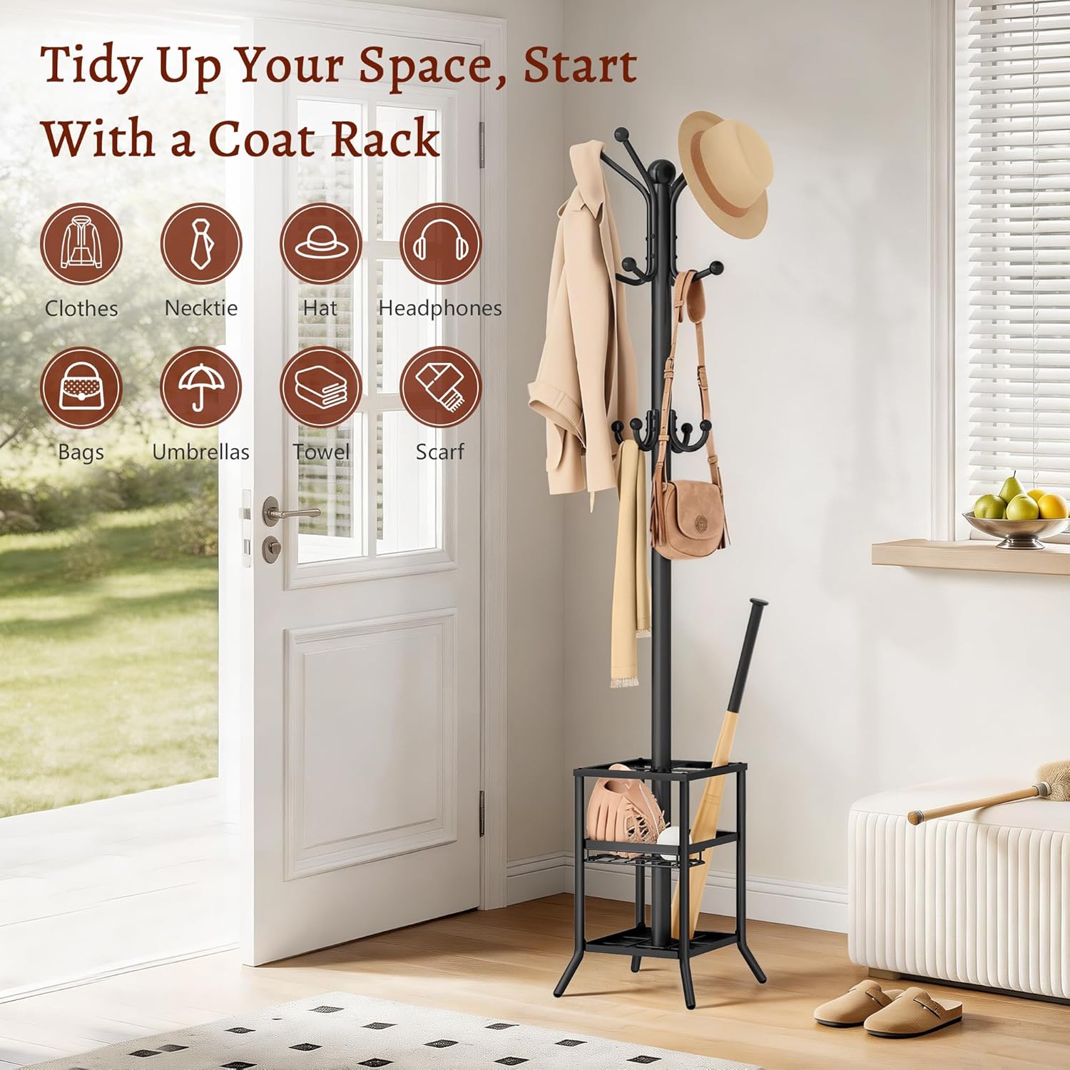 FAVOOSTY Coat Rack Freestanding,Coat Rack Stand with Umbrella Holder,Metal Coat Tree with 12 Hooks,Tree Clothes Hat for Entryway, Hallway, Bedroom, Living Room & Office -Black