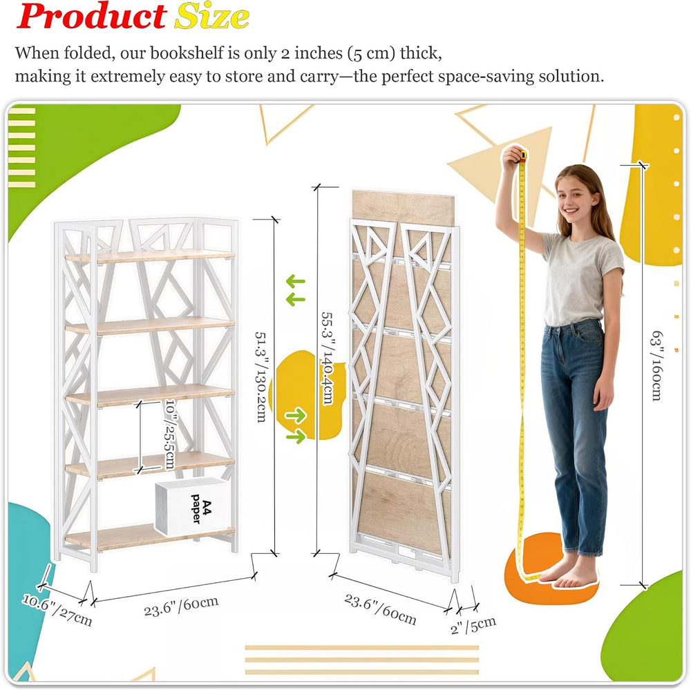 UDD No Assembly Folding Bookshelf, 51.3" H x 23.6" W, 5 Tier Foldab...