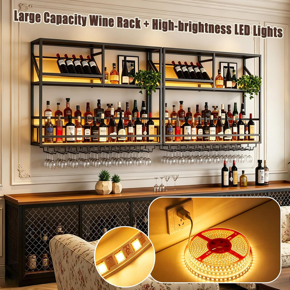 31.5in Wall Mounted Wine Rack with LED Lights, Stepped 3-Tier Bar Shelf | Liq...
