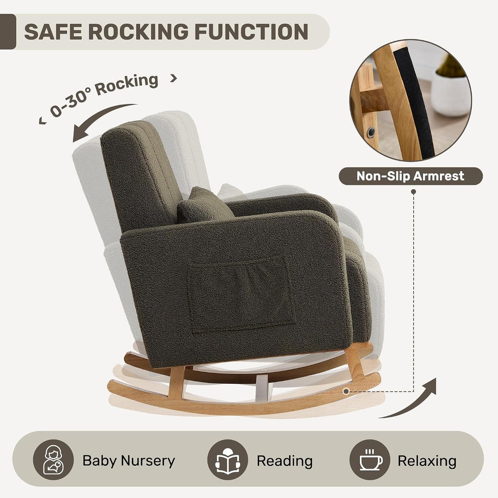 HCHAIRH Rocking Chair with Ottoman, Nursery Glider Rocker with High Backrest and Side Pocket, Teddy Rocking Accent Armchair with Solid Wood Legs for Nursery, Living Room, Bedroom Green