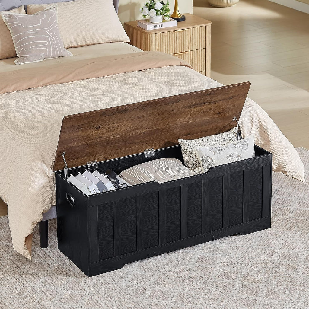 VANKILEY 47.2“Storage Chest Extra Large,Wooden Storage Bench,Black+Brown | Storage trunk with 2 Safety Hinges,47.2x15.7x19.1Inch,Shoe bench,Storage Bench for Bedroom,Living Room,Entryway,Easy Assembly