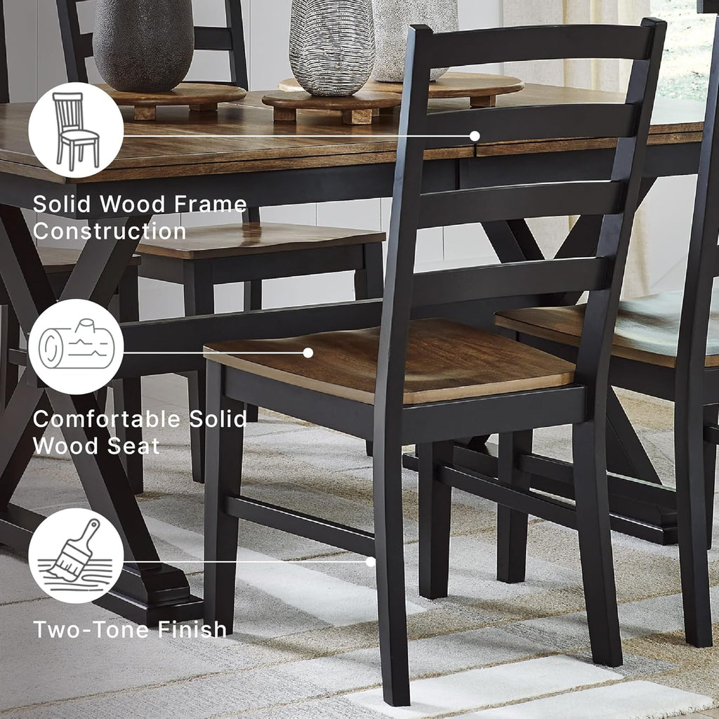 Signature Design by Ashley Wildenauer Dining Chairs Set of 2, Modern Ladderback Dining Chairs with Solid Wood Frame, Two-Tone Finish, Contoured Seat, Black/Brown