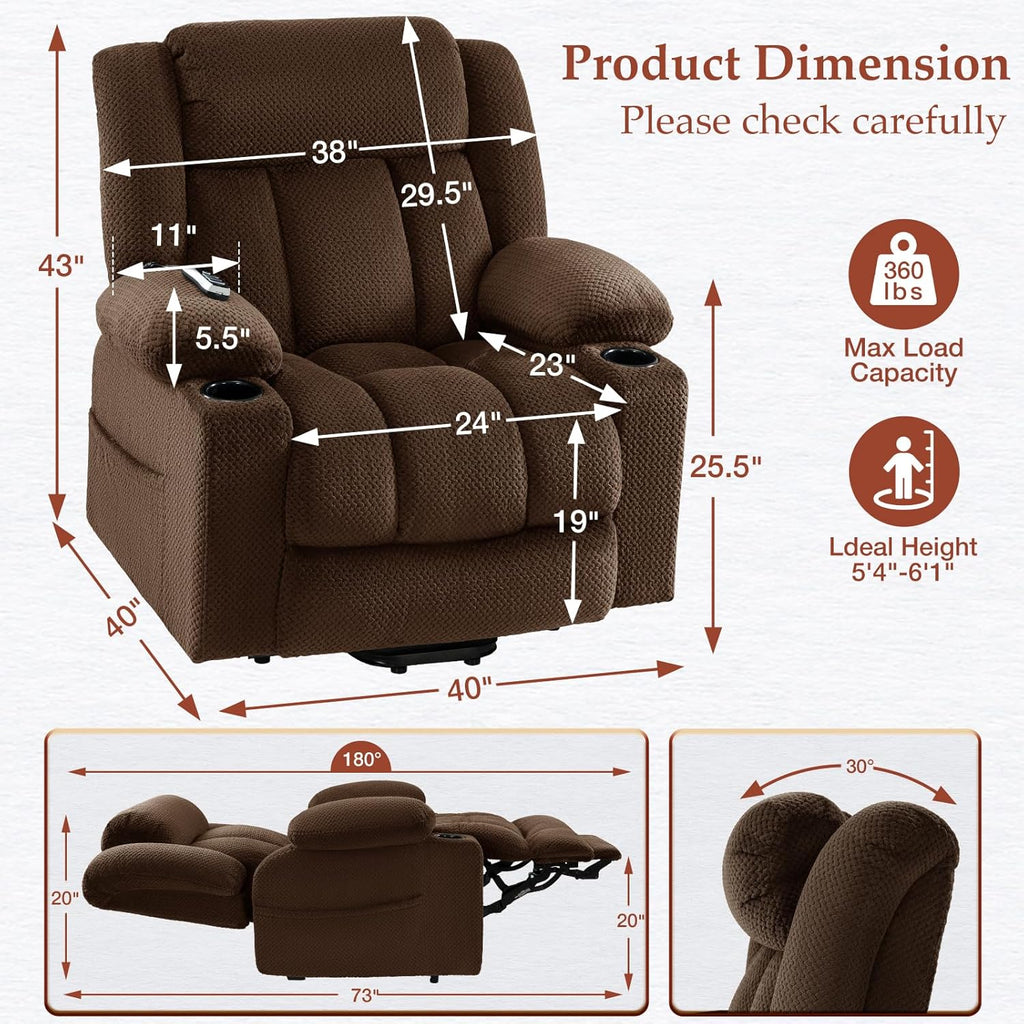 3 Motor Large-Wide Lift Chair, Infinite Position, 180° Lay Flat, Power Lift Chairs Recliners for Elderly Big and Tall, Massage & Heat, Extended Footrest (Dark Brown, Large Wide)