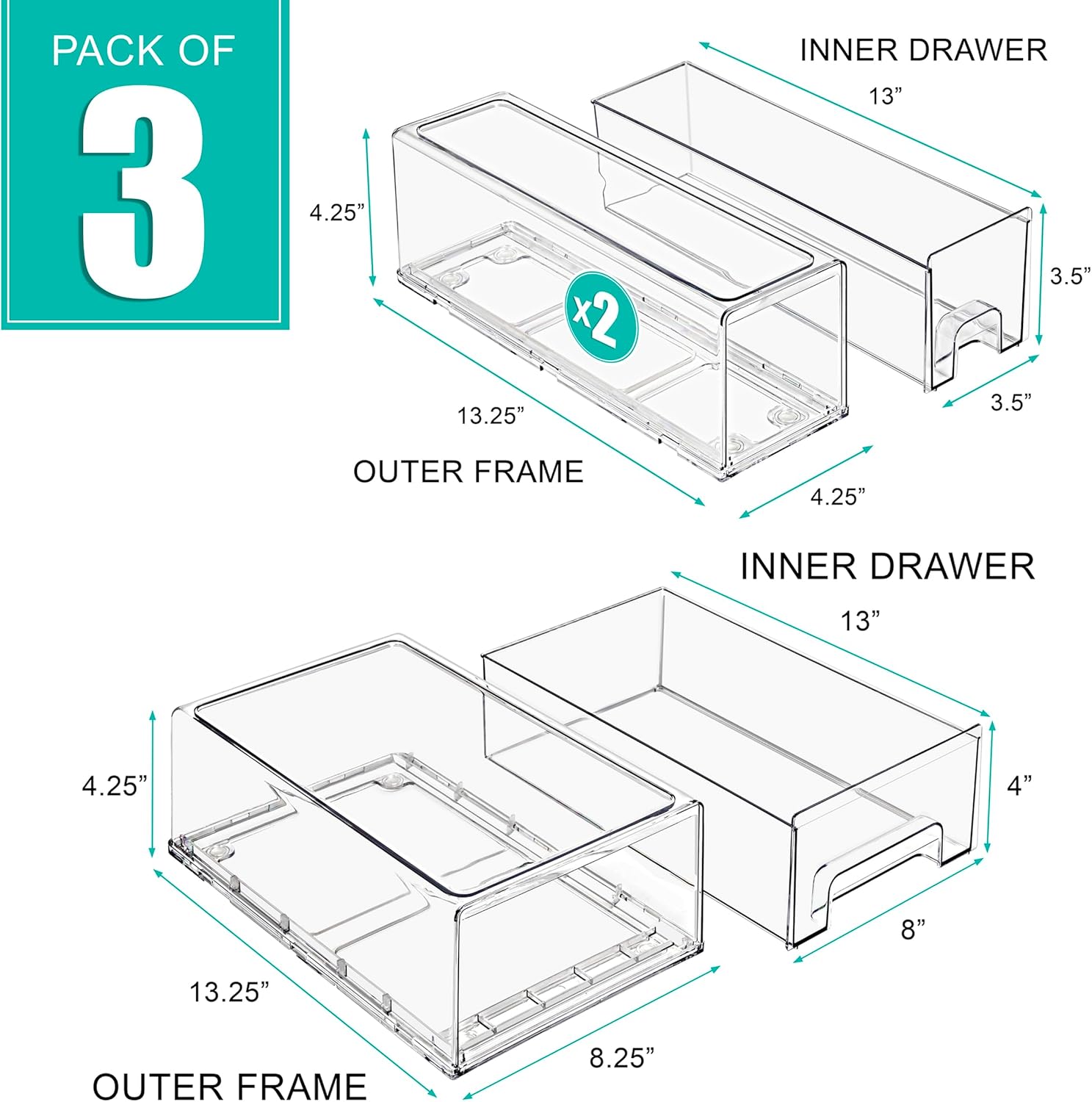 Sorbus 1 Medium & 2 Small Clear Stackable Storage Drawers – Plastic Organizer Bins with Handles – Stackable Pull-Out Storage Drawers for Closet, Pantry, Office, Bathroom, Craft, and Toy Organization