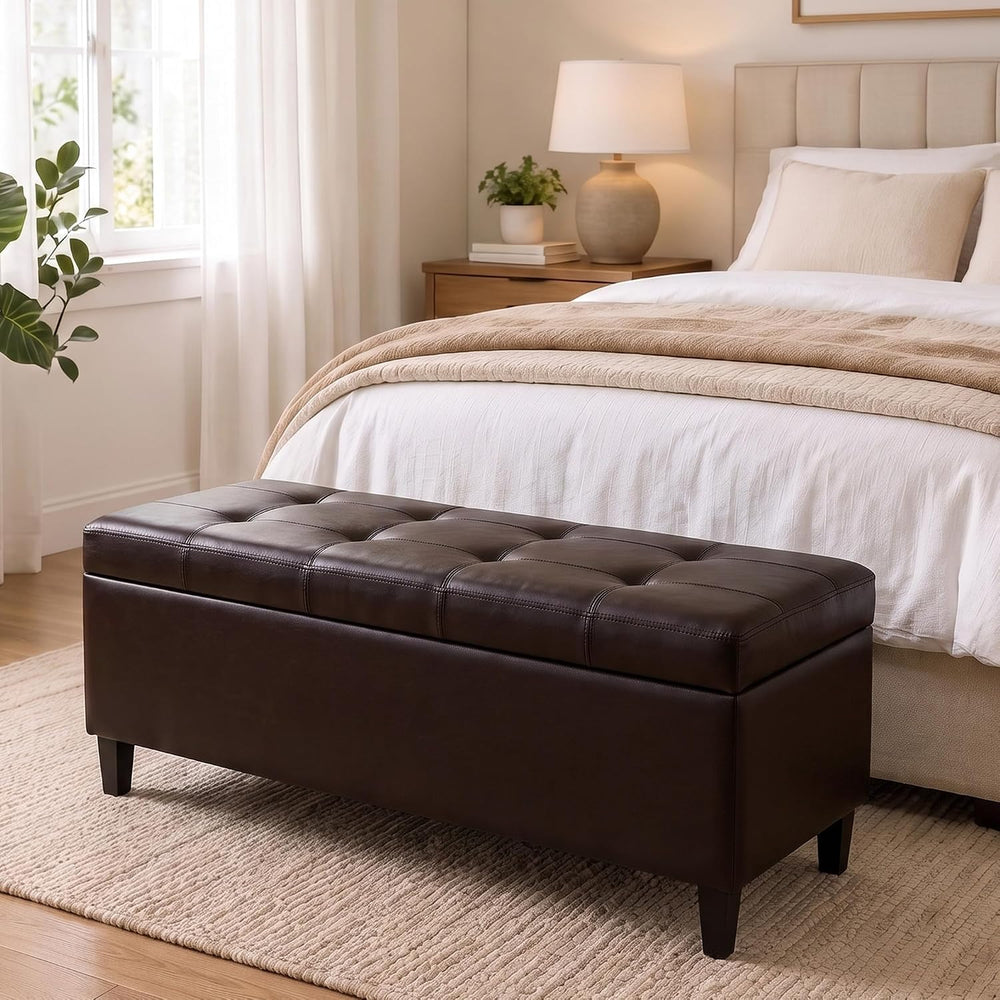 50.5 Inch Storage Ottoman Bench, Faux Leather Tufted Upholstered Bedroom Benc...