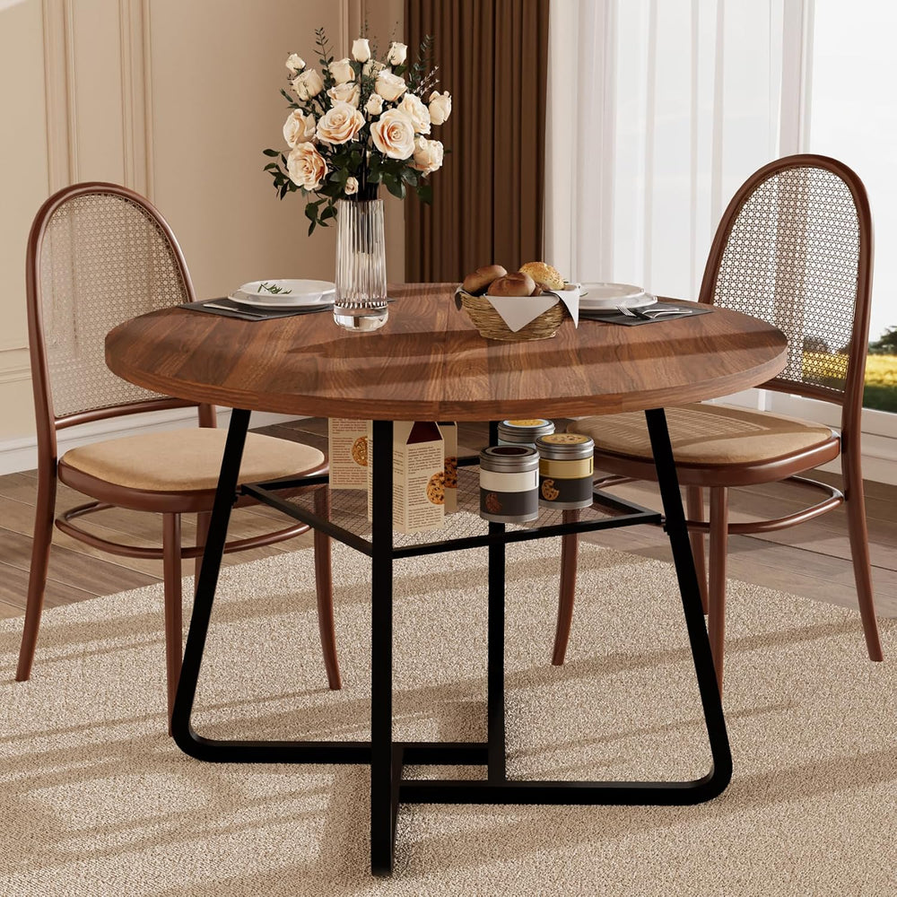 Round Dining Table for 4 People, 43.3 Inches Dining Room Table with Metal Bas...