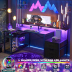Aheaplus L Shaped Desk with File Drawer, Reversible L Shaped Computer Desk Gaming Desk with Power Outlet & LED Strip, Home Office Desk with Monitor Shelf, Corner Desk with Storage Shelves, Black