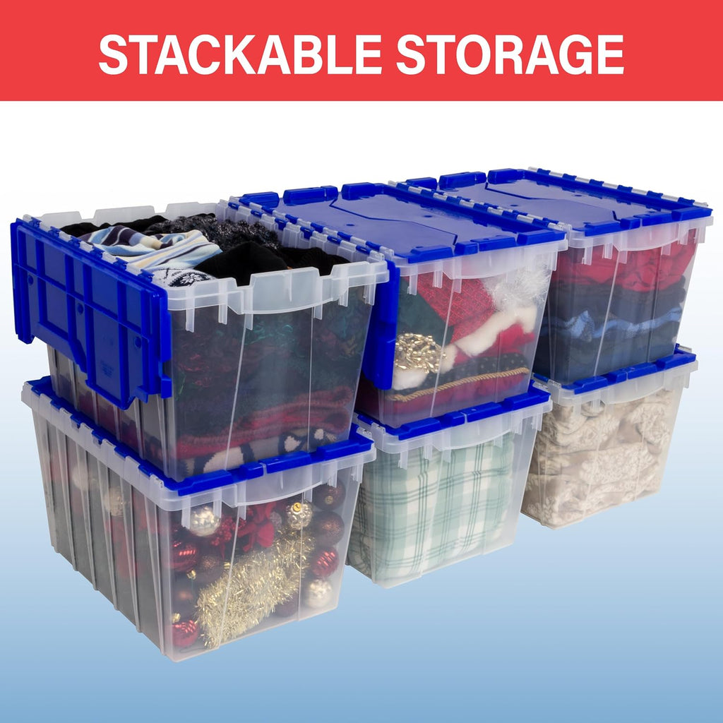 Akro-Mils KeepBox 12 Gallon Storage Container, Nesting and Stackable Plastic Storage Box with Lid Attached, Organizer Tote for Garages, Closets, and Moving, 21-1/2" x 15" x 12-1/2", Red/Green, 6-Pack