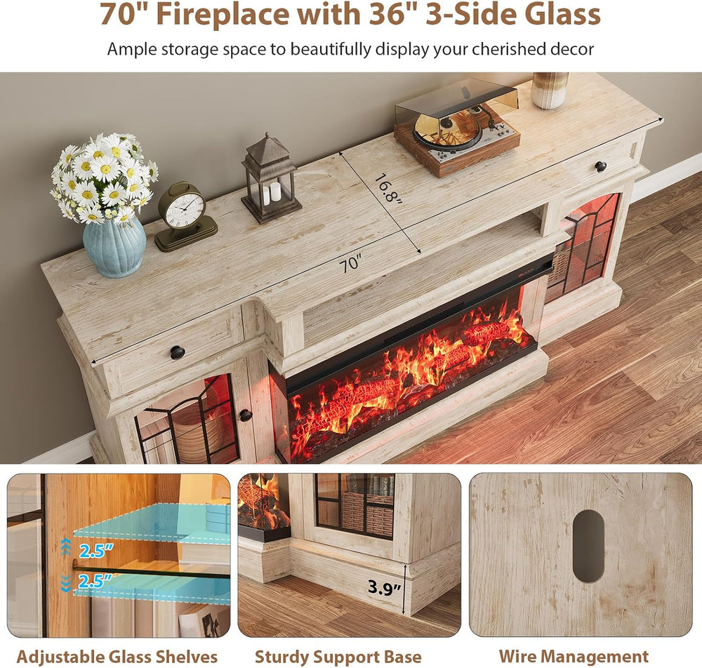 QUW 70" Farmhouse Fireplace TV Stand for TVs up to 80", Entertainme...
