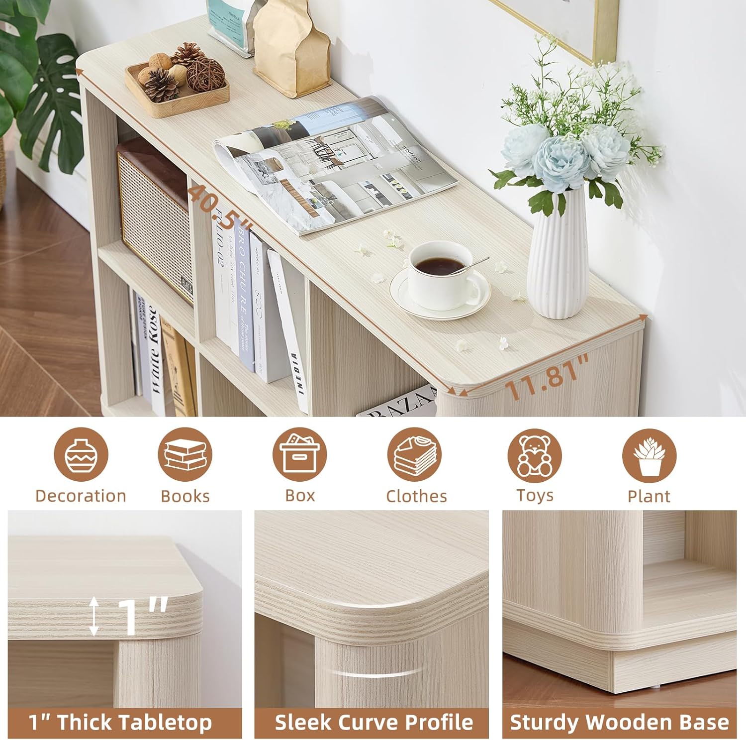6 Cube Bookcase, 40" Wide Low Horizontal Book Shelf w/Curved Edge, Wood Floor Standing 2-Tier Bookshelf with Base, Modern Short Storage Cabinet Book Case for Bedroom, Office, White Cream Oak