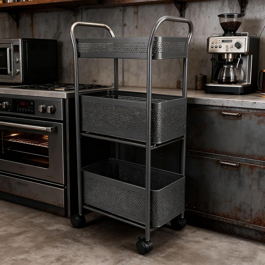 3 Tier Rolling Cart, Steel Multi Functional Movable Storage Organizer with Sliding Mesh Basket and 4 Quiet Wheels for Kitchen Bathroom Bedroom Living Room Laundry Room