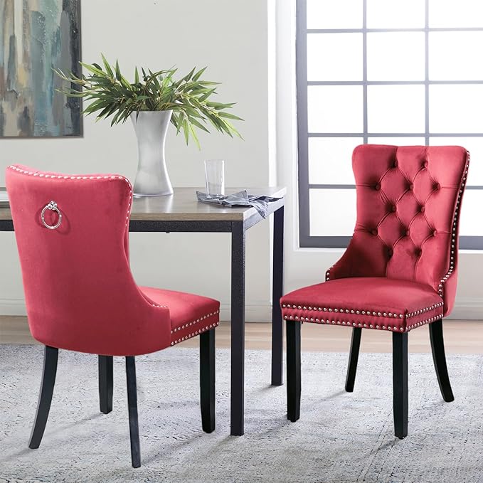 Velvet Upholstered Dining Chairs Set of 2, Modern Style Kitchen Side Chairs with Nailhead Trim and Wood Legs,Metal Pulling Ring for Dining Room Living Room(Wine Red,Set of 2)