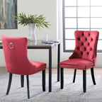 Velvet Upholstered Dining Chairs Set of 2, Modern Style Kitchen Side Chairs with Nailhead Trim and Wood Legs,Metal Pulling Ring for Dining Room Living Room(Wine Red,Set of 2)