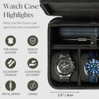 TAWBURY 3 Slot Watch Case Plus Storage – Luxury Leather Watch Travel Case for Men | Black Watch Cases for Men Travel | Traveling Watch Holder for Men | Black Watch Roll Case | 3 Watch Box for Men