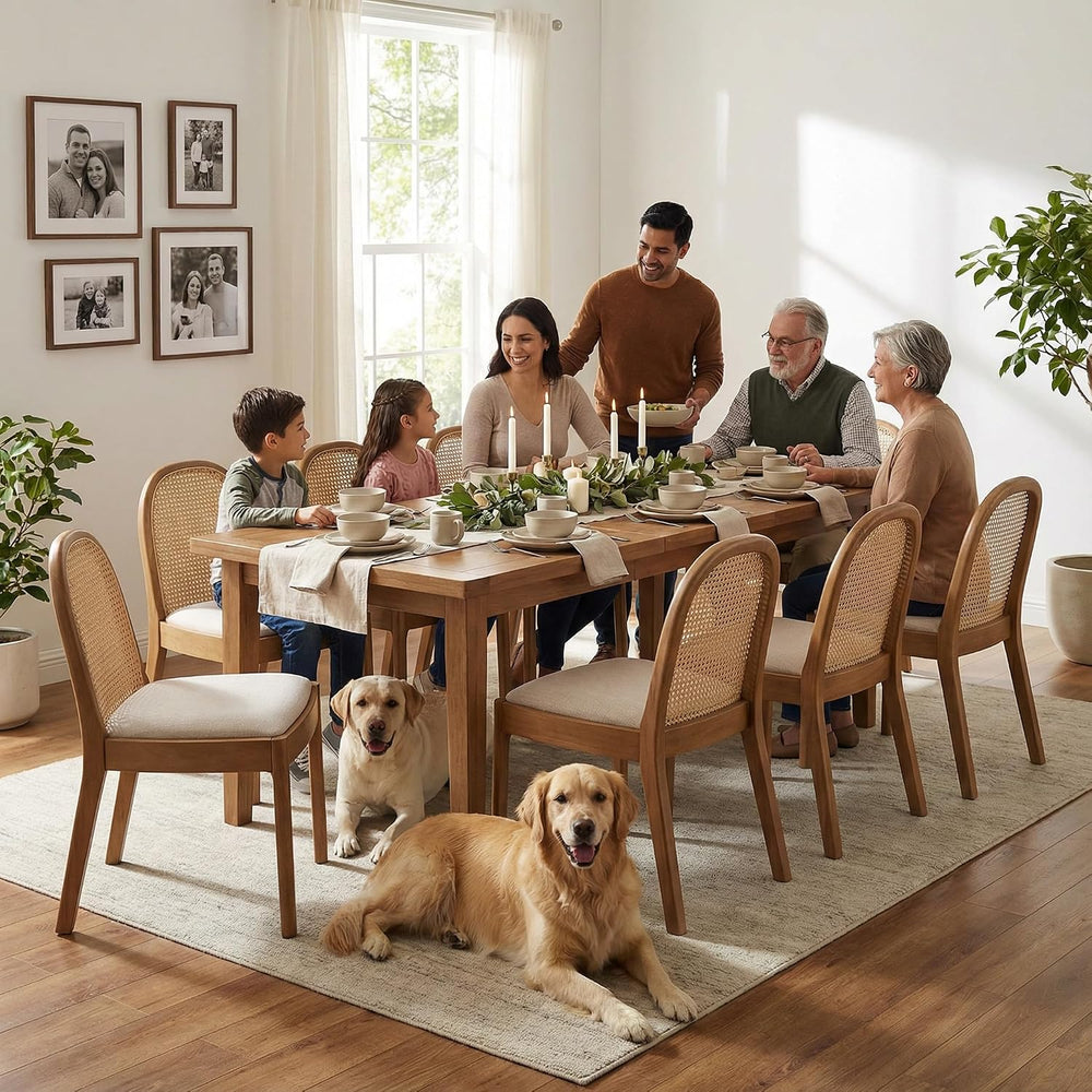 LukeAlon Linen Dining Chairs Set of 4, Natural Woven Cane Back with Solid Woo...