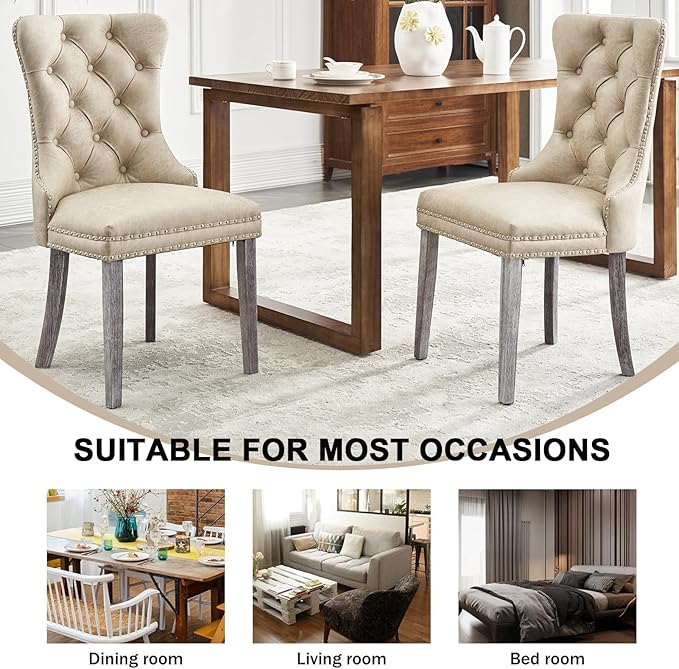 Kiztir Leather Dining Chairs Set of 6, Upholstered Dining Room Chair with Nailhead Trim and Solid Wood Legs, Luxury Wingback Dining Side Chair for Living Room, Bedroom, Kitchen (Beige)
