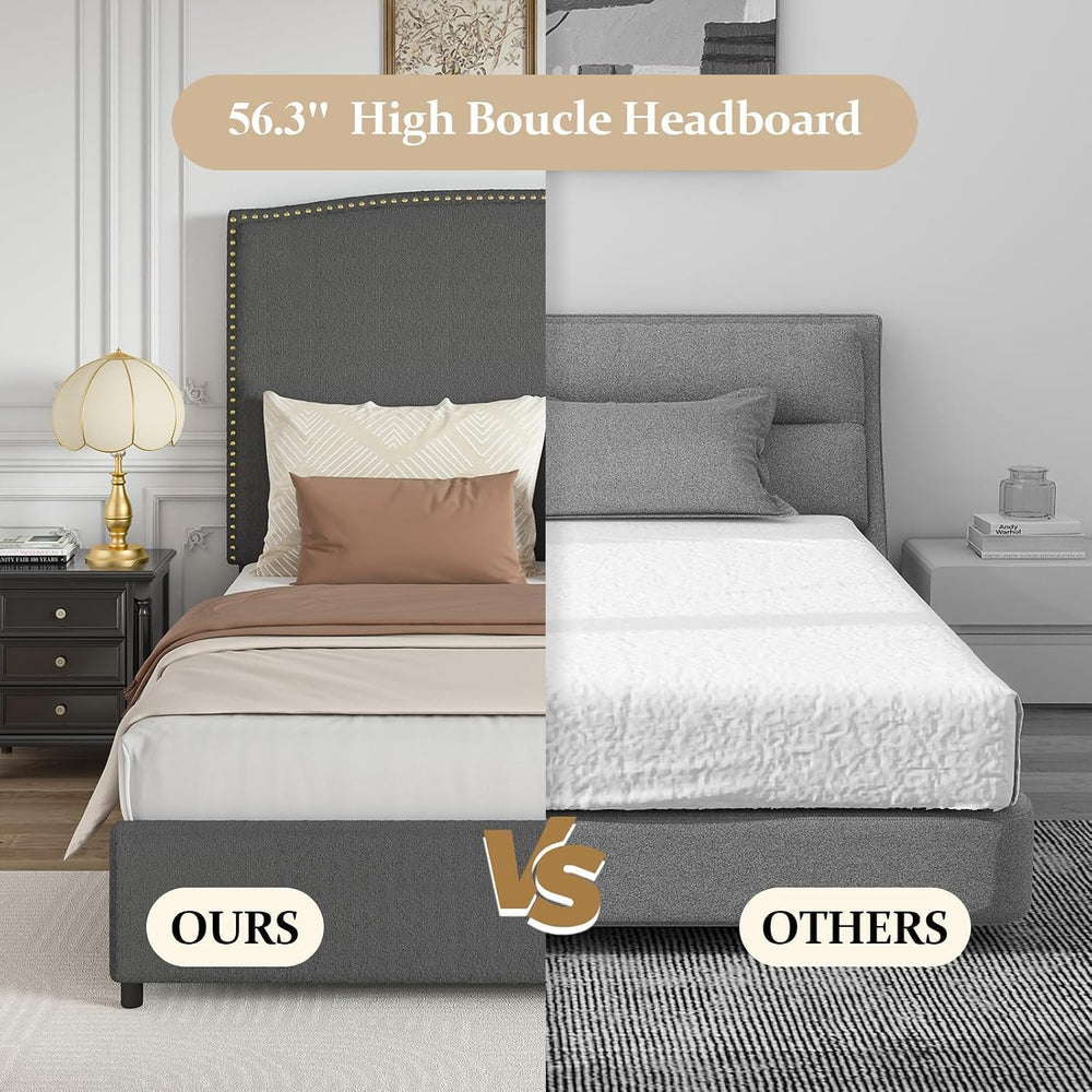 BarnFurin Full Size Chenille Bed Frame with 56" Tall Headboard,Grey